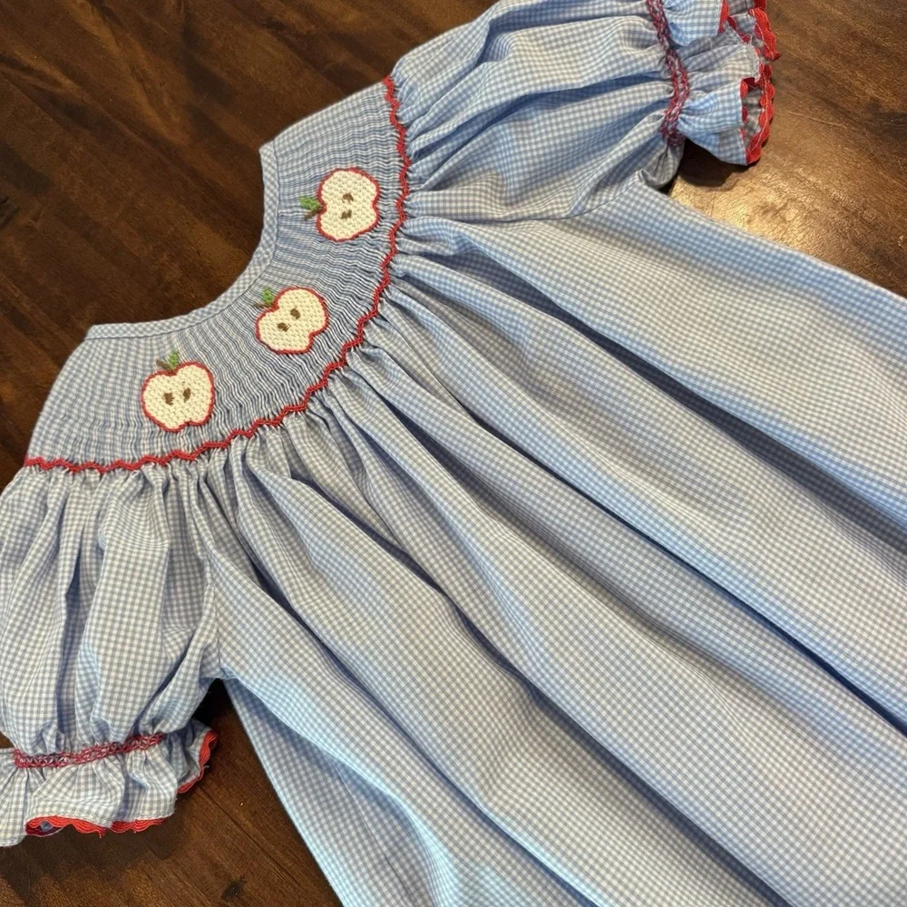 The Smockling Smocked Apple Dress Size 4 Blue Gingham Back To School - Picture 1 of 7